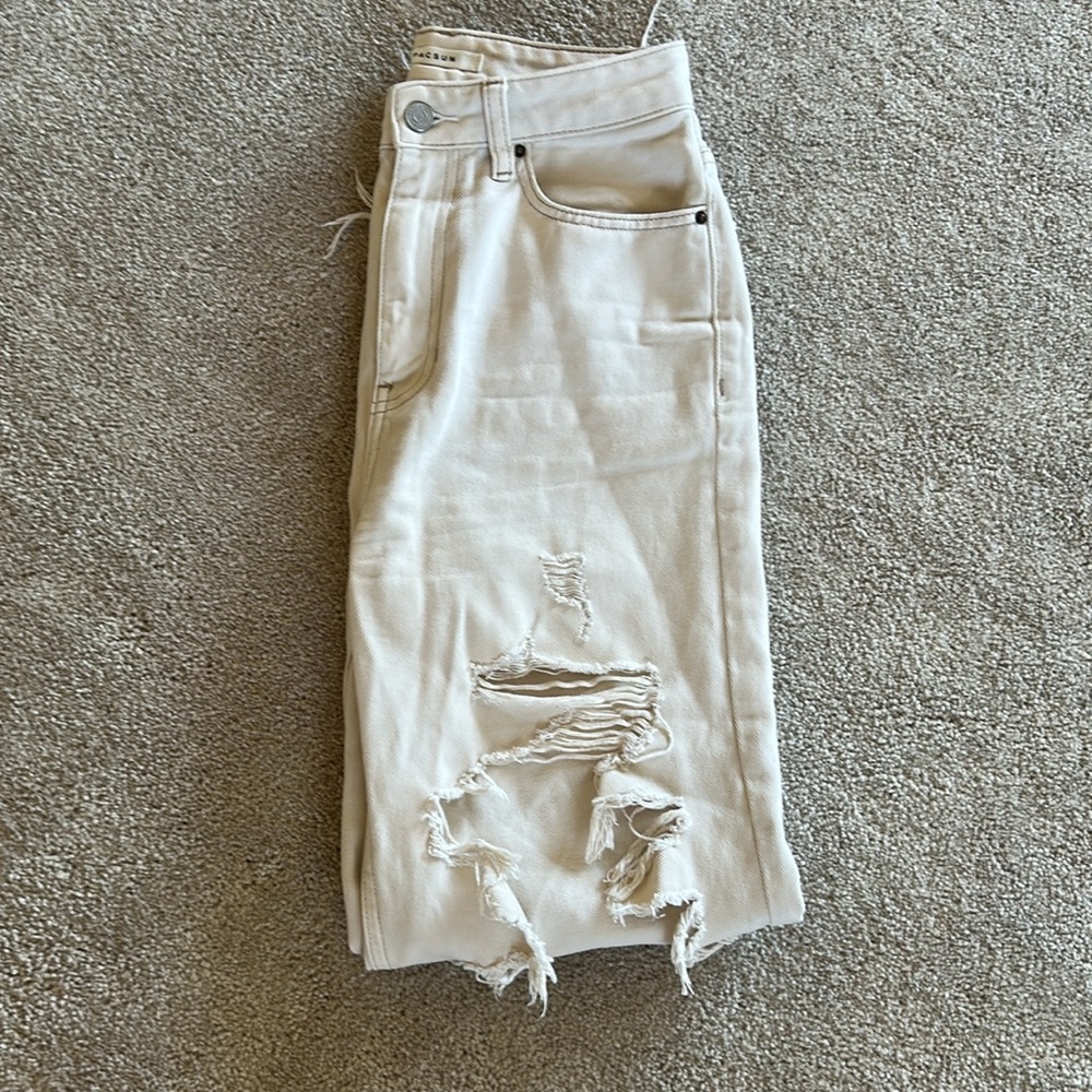 Pacsun 90's Boyfriend Cream Denim Distressed Jeans Destroyed Denim Jeans Size 25 - Picture 6 of 7